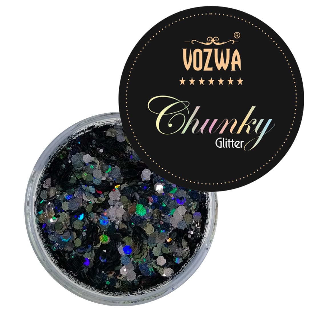 Vozwa Black Beauty Eyeshadow - Chunky Glitter & Holographic White Eye Glitter for Party, Festival & Special Occasion Makeup