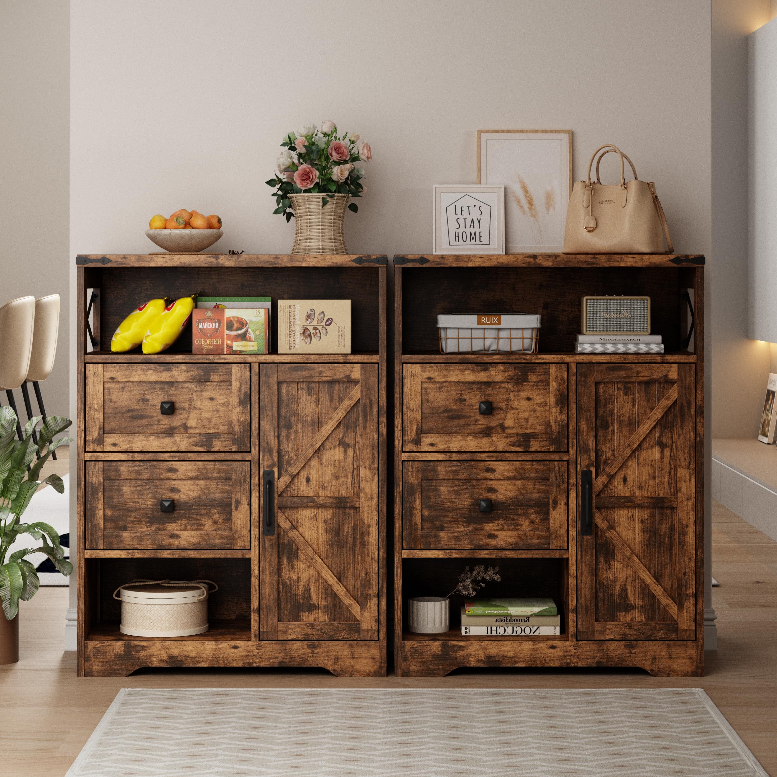 Farmhouse Storage Cabinet with 2 Drawers & Open Shelves - Freestanding Organizer for Living Room, Bathroom, Kitchen & Laundry - Rustic Brown Wooden Cabinet for Home Organization & Decor