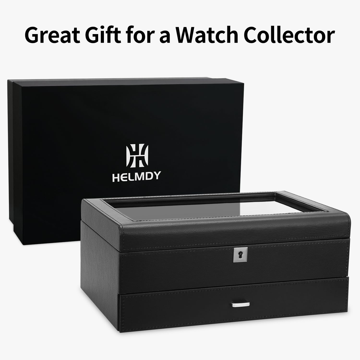 Premium Leather Watch Box with Drawer - 10 Slot Locking Jewelry & Watch Organizer for Men - Luxury 2-Tier Watch Case Display - Perfect for Watch Collection Storage & Travel Use