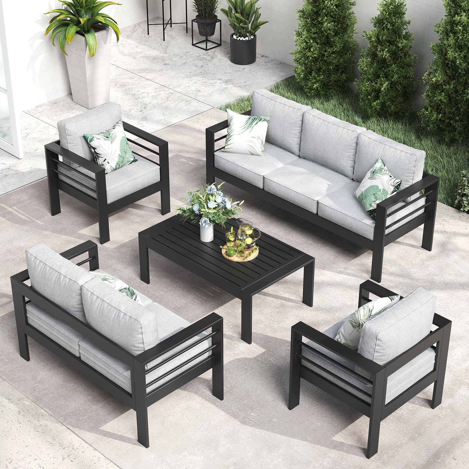 LayinSun 5-Piece Outdoor Aluminum Patio Furniture Set - Modern Sectional Conversation Sofa with Coffee Table for Garden, Backyard, and Poolside Relaxation