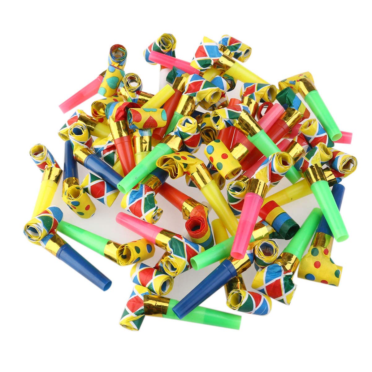 Beavorty 48pcs Colorful Plastic Noise Maker Whistles - Metallic Musical Party Blowouts for Birthday, Baby Shower & Celebrations - Fun Favors for New Year, Carnival & Sports Events