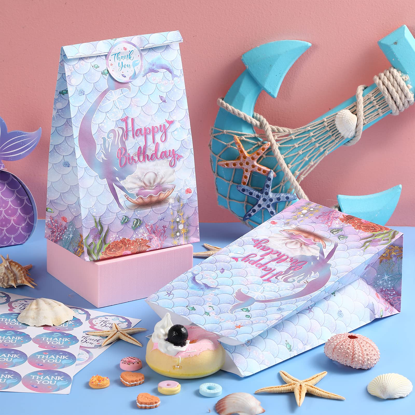 28-Piece Mermaid Gift Bags with Stickers - Under the Sea Party Favor Bags for Birthday, Baby Shower & Themed Events - Perfect for Candy, Treats & Goodie Bags