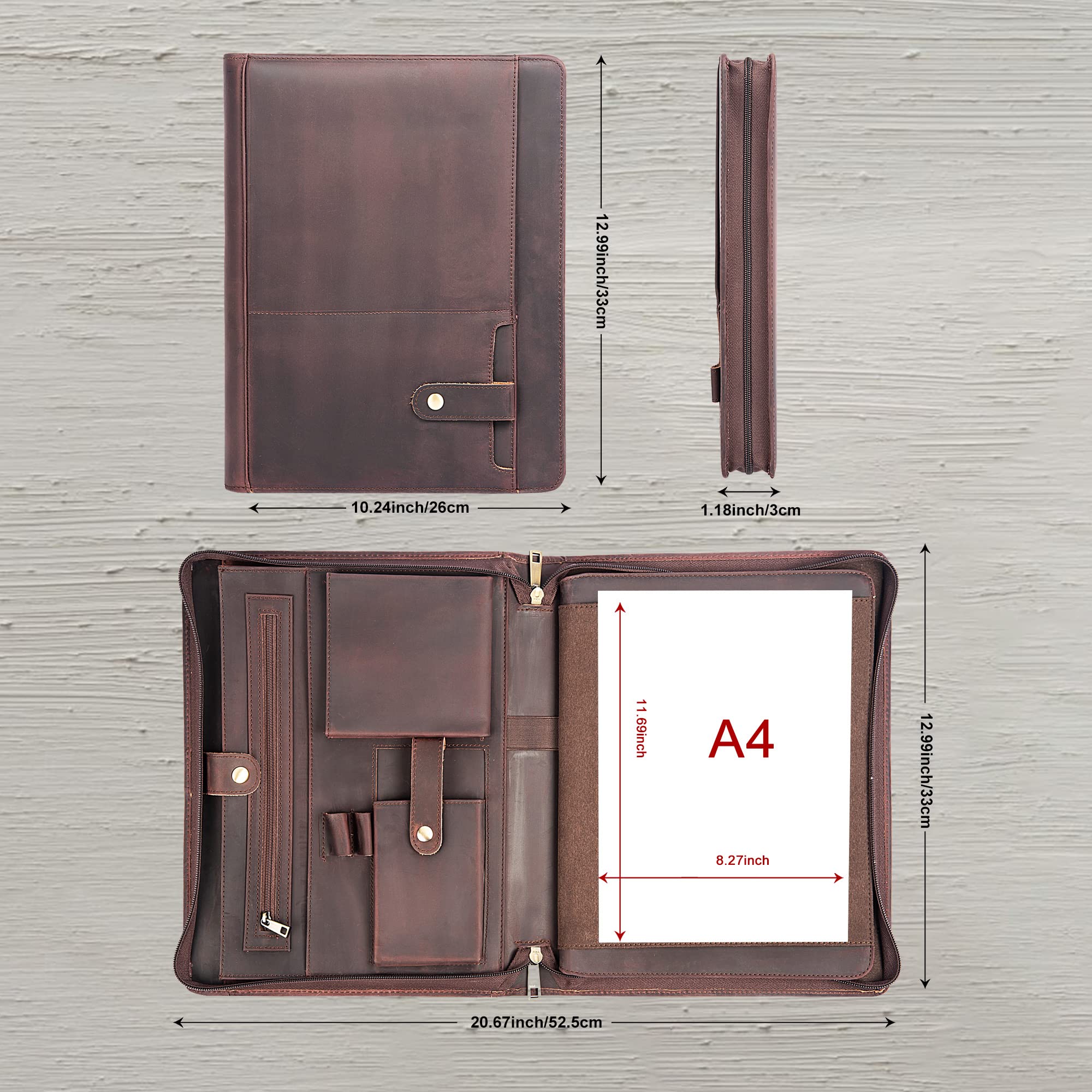 Premium Handmade Leather Portfolio for Men - Zippered Business Document Organizer with A4/Letter Size Capacity & iPad 12.9