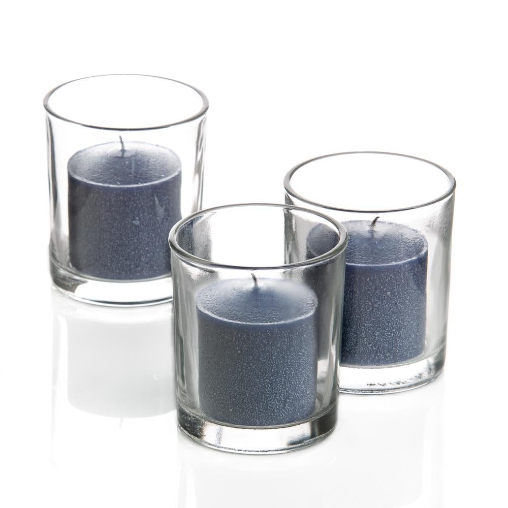 72-Pack Navy Blue Unscented Richland Votive Candles with 72 Clear Glass Eastland Votive Holders - Perfect for Weddings, Church Events, Restaurants & Home Decor