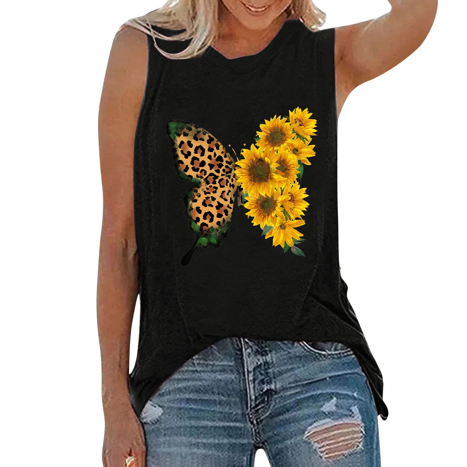 Women's Sleeveless Tank Top - Loose Fit Casual Summer Blouse with Sunflower Print (Black, Large) | Perfect for Beach Outings, Yoga, and Everyday Wear