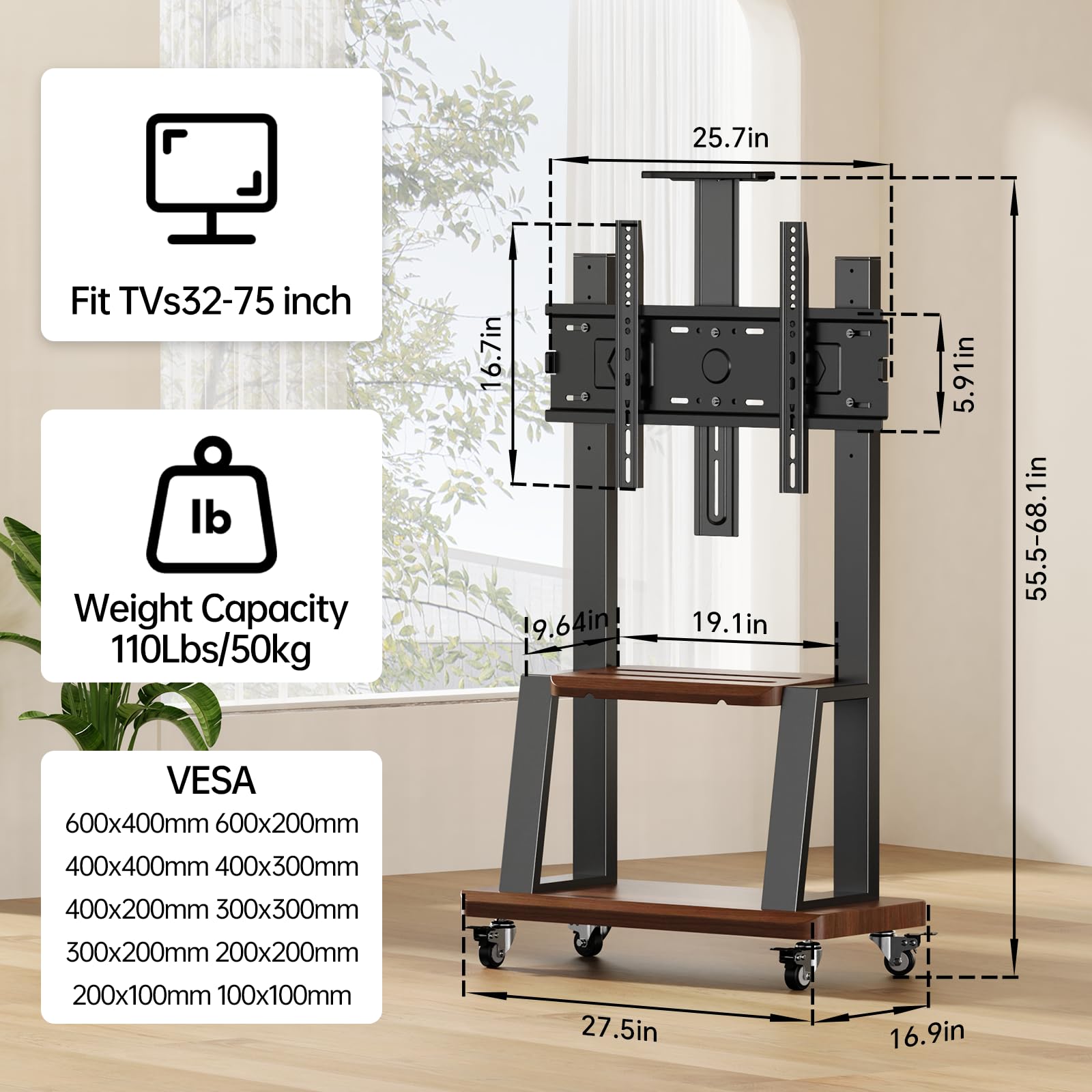 Heavy-Duty Mobile TV Stand Cart with Wheels for 32-75 Inch Flat/Curved LED/LCD/OLED Screens - Adjustable Height Floor TV Stand with Shelf, Supports up to 180lbs & Max VESA 600x400mm (Black) | Perfect for Living Room, Bedroom, Office or Commercial Use