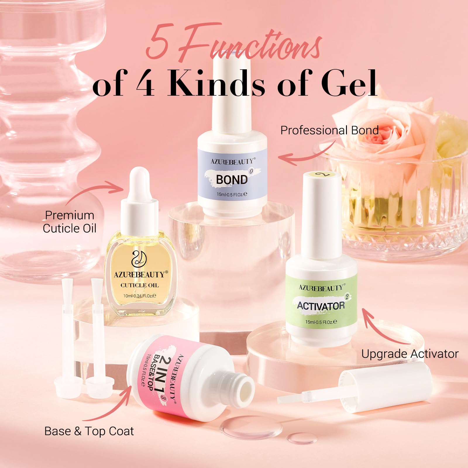 AZUREBEAUTY Dip Powder Liquid Set - 15ml/0.5oz Nail Repair Kit with Base Coat, Top Coat, Activator & Cuticle Oil - No UV Lamp Needed for Strong & Long-Lasting Dip Powder Nails - Perfect for Salon-Quality Manicures at Home or Professional Nail Art