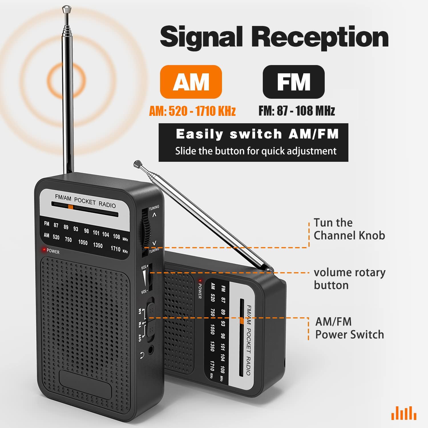 Portable AM FM Radio with Long Range Reception - Transistor Radio with Loud Speaker, Headphone Jack & 2AA Battery - Perfect for Home, Outdoor, Camping, and Emergency Situations