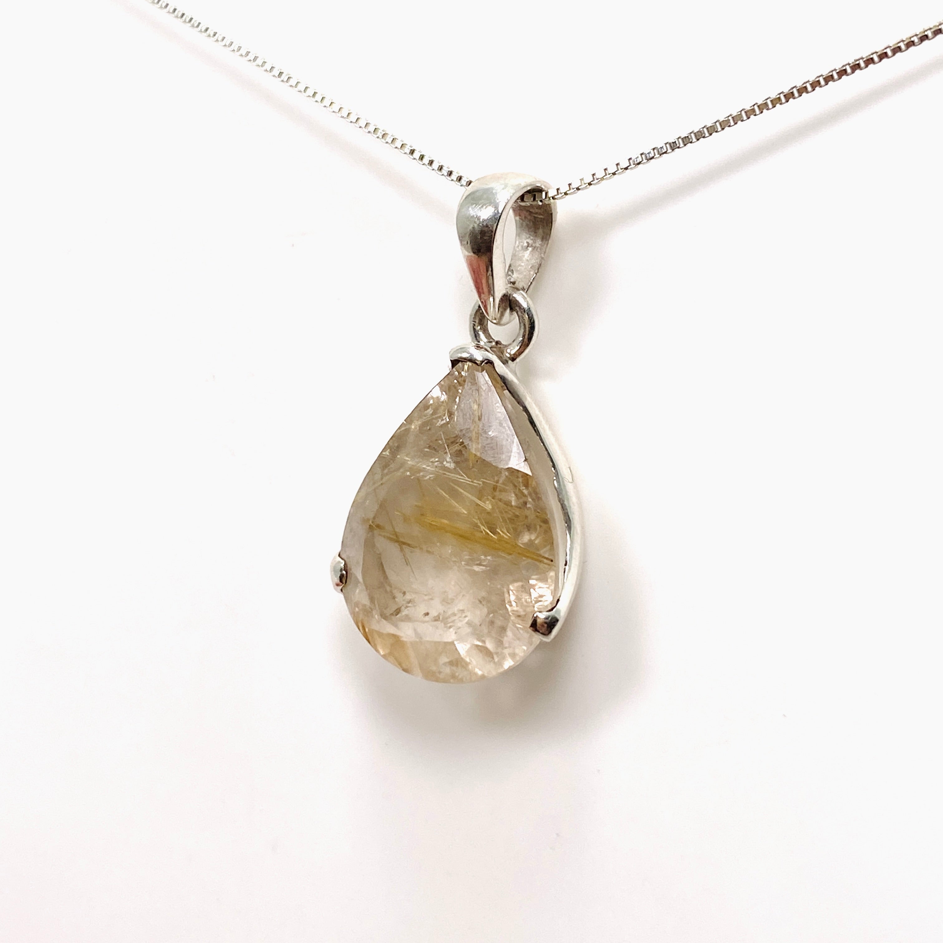 Natural Rutilated Quartz Teardrop Faceted Pendant Necklace - PPGJ842 - Perfect for Spiritual Healing, Meditation & Boho Jewelry Collection