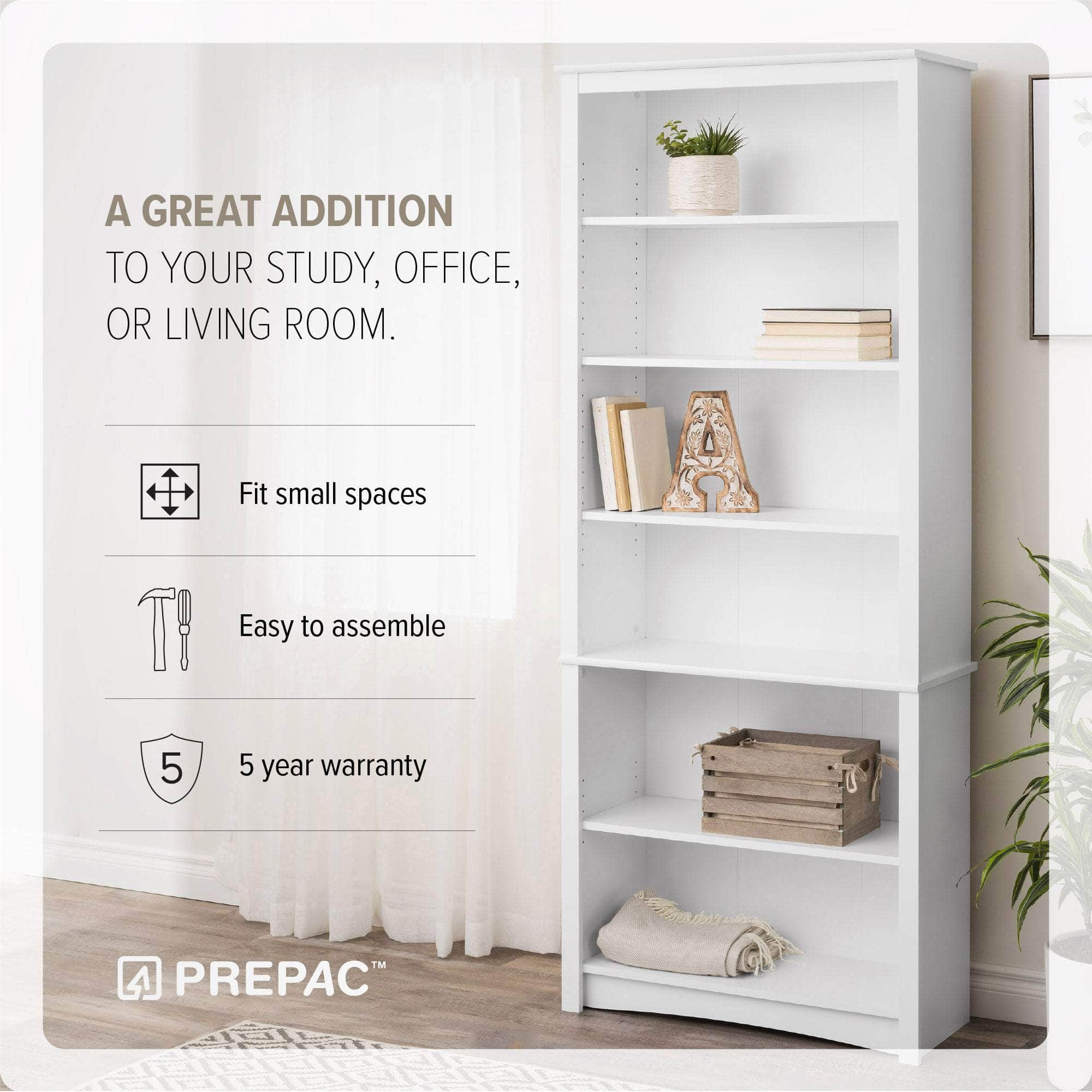 6 Shelf Bookcase with Adjustable Shelves - Available in White & Black - Perfect for Home Office, Living Room & Bedroom Storage