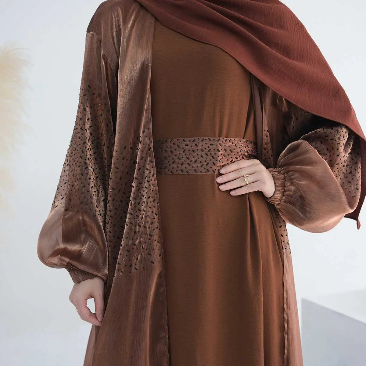 2 Piece Set Bright Wrinkle Puff Sleeve Open Abaya Dress - Elegant Muslim Women's Prayer Dress for Mosque, Eid & Special Occasions