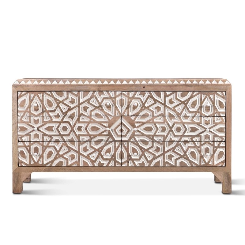 Hand Carved Wooden 6-Drawer Dresser | Bohemian Style Chest of Drawers for Bedroom Storage & Organization