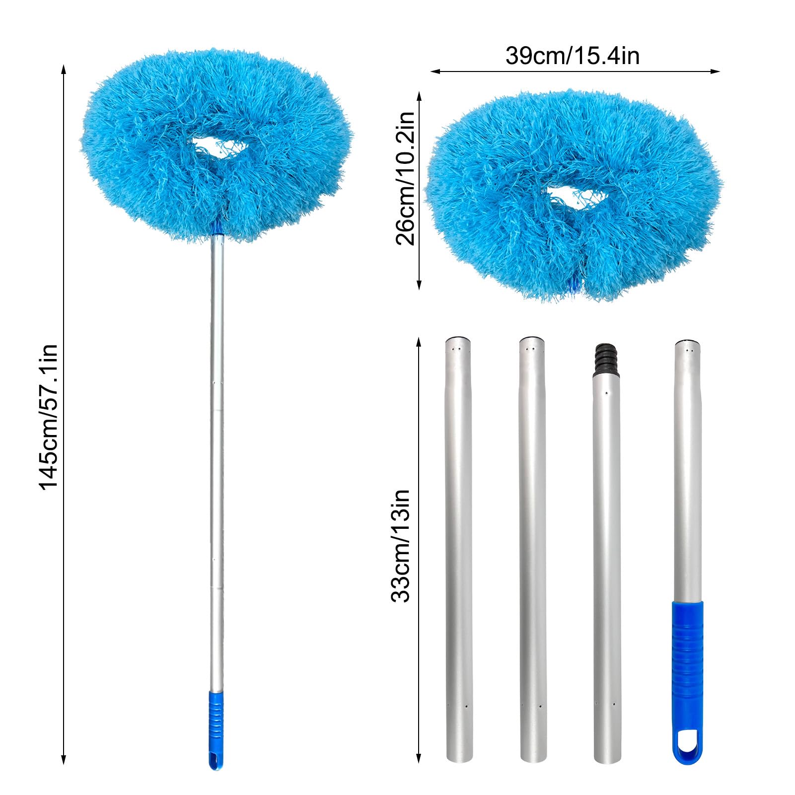 Microfiber Ceiling Fan Duster with Adjustable Extension Handle (13-57.1 in) - Washable & Removable Fuzzy Fan Cleaner for Walls, Doors, Bookshelves & Windows | Perfect for Home, Office & Hard-to-Reach Areas Cleaning - Blue