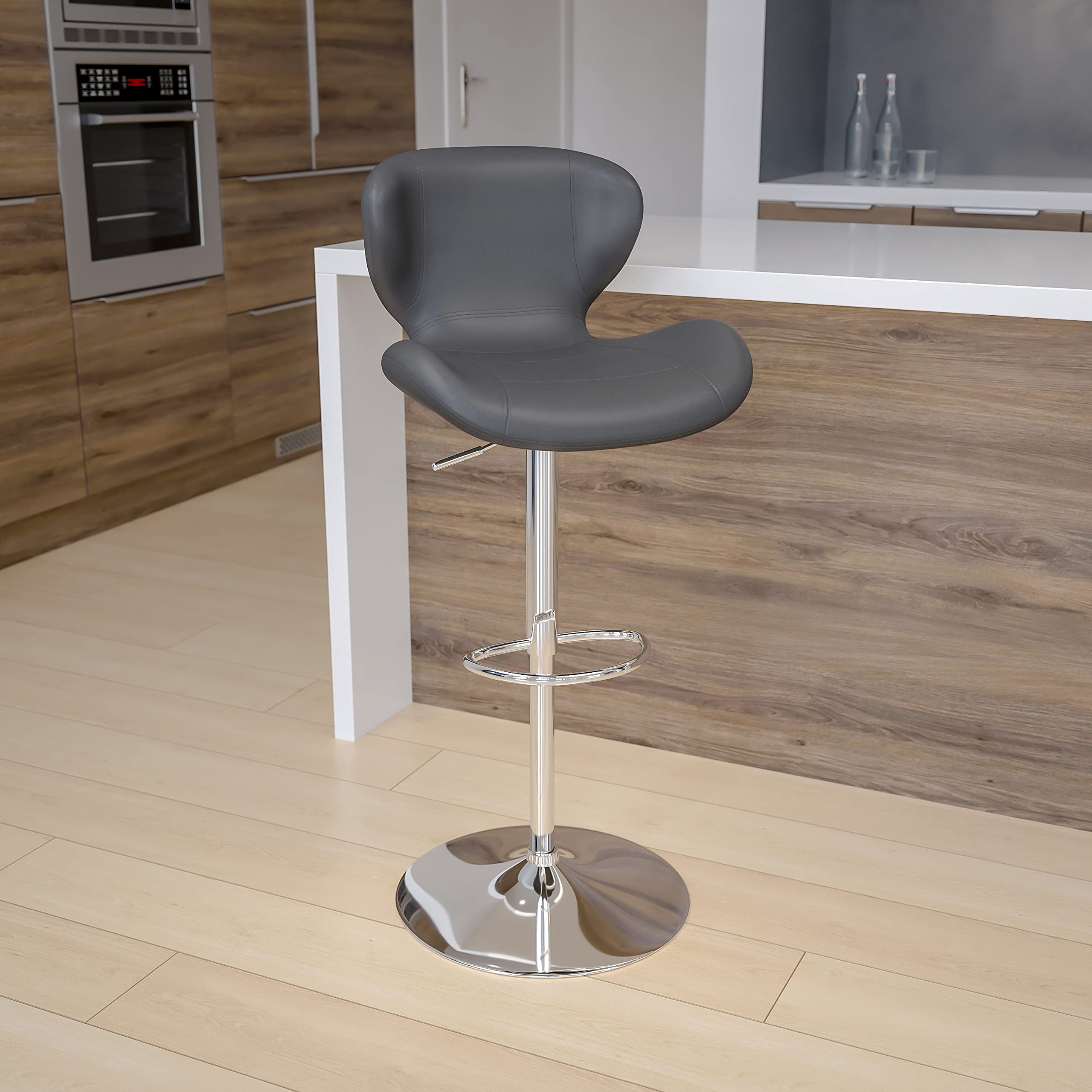 Adjustable Height Gray Vinyl Bar Stool with Curved Back - Perfect for Kitchen Islands, Breakfast Bars & Home Decor