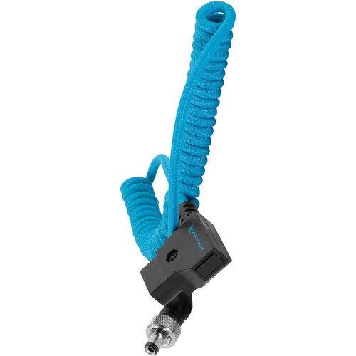 Kondor Blue Coiled D-Tap to Locking DC 2.5mm Right Angle Power Cable (16in to 50in) - Perfect for Camera Rigs, LED Lights & Portable Power Solutions