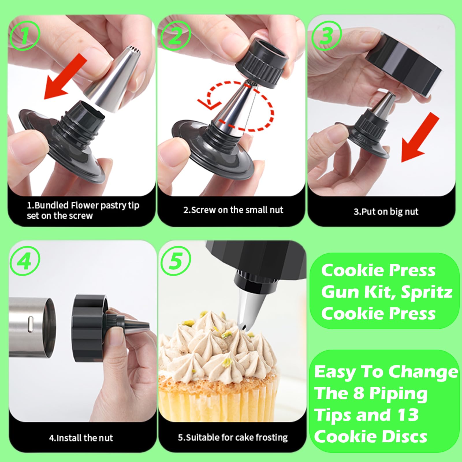 Suuker Stainless Steel Cookie Press Gun Kit - 8 Piping Tips & 13 Cookie Discs for Baking, Cake Decorating, Holiday Cookies, and DIY Dessert Making (Perfect for Christmas, Weddings, and Home Baking)