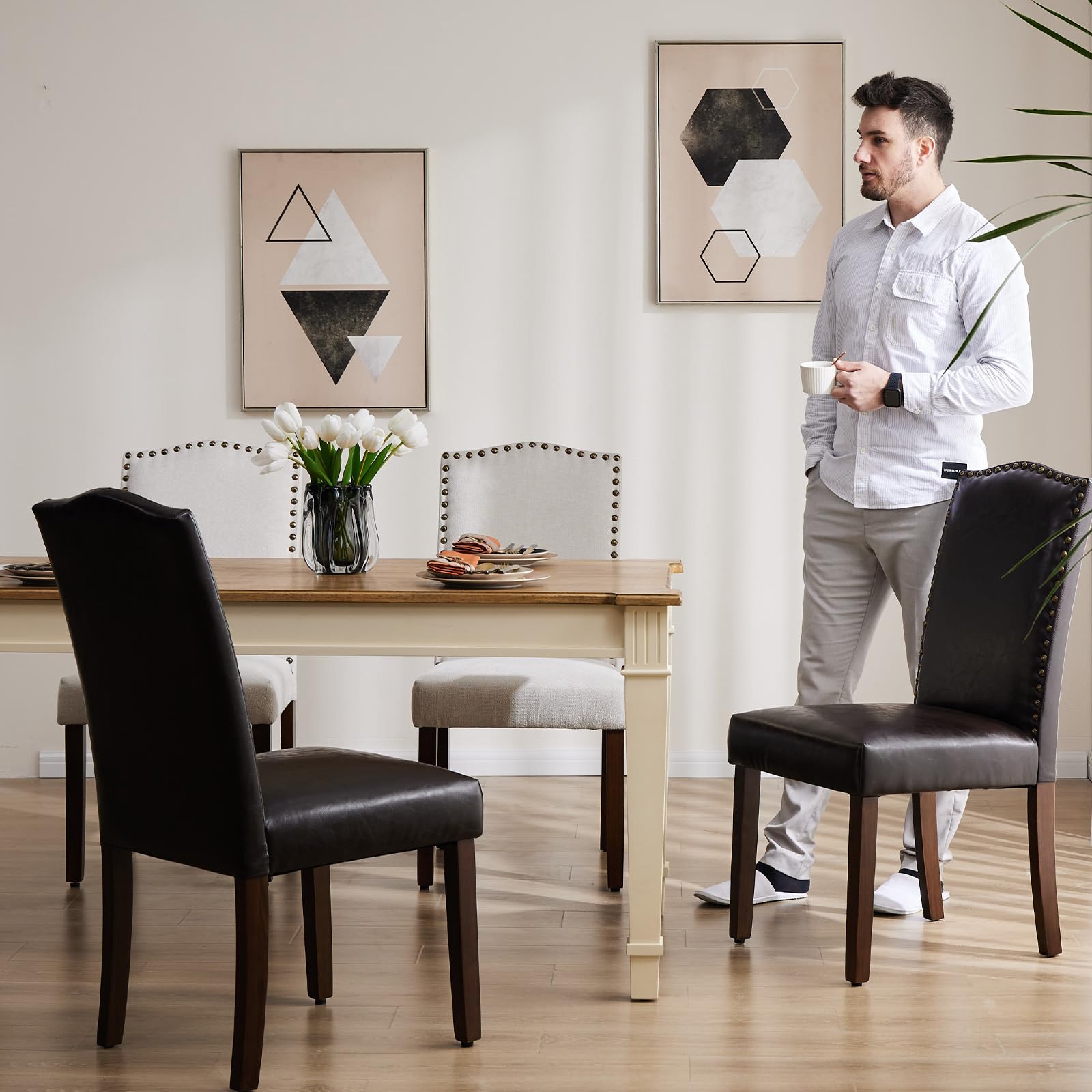 DUMOS 4-Piece PU Leather Dining Chair Set - Upholstered Parsons Chairs with Nailhead Trim & Rubber Wood Legs, Modern Kitchen Side Chairs for Dining Room, Living Room, Bedroom - Brown | Perfect for Home Decor, Family Gatherings & Small Space Dining