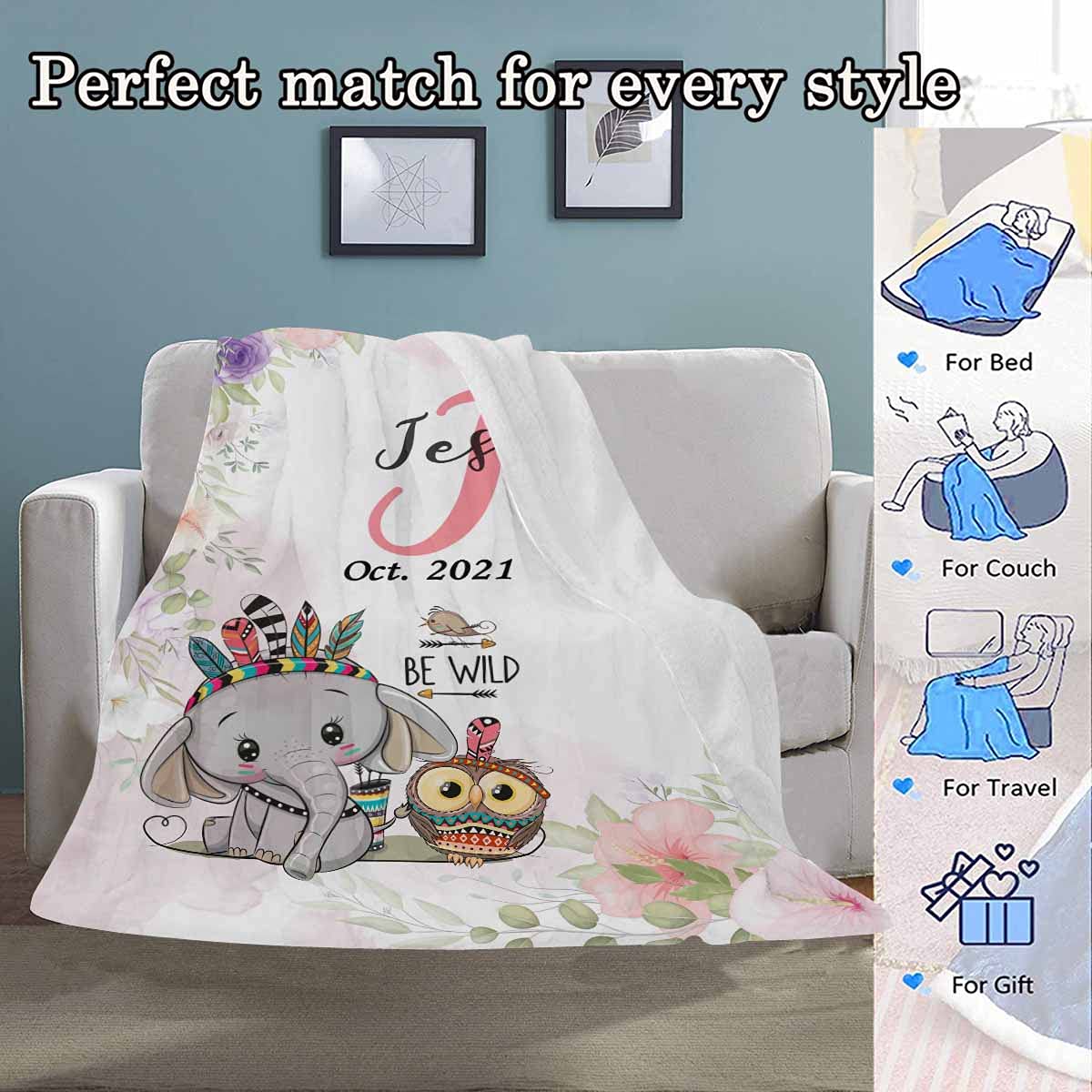 Custom Personalized Blankets with Name & Date - Unisex Baby, Toddler & Newborn Throw Blankets - Elephant & Flower Designs - Unique Shower Gifts for Boys, Girls & Women - Perfect for Nursery, Bedroom & Cozy Family Moments