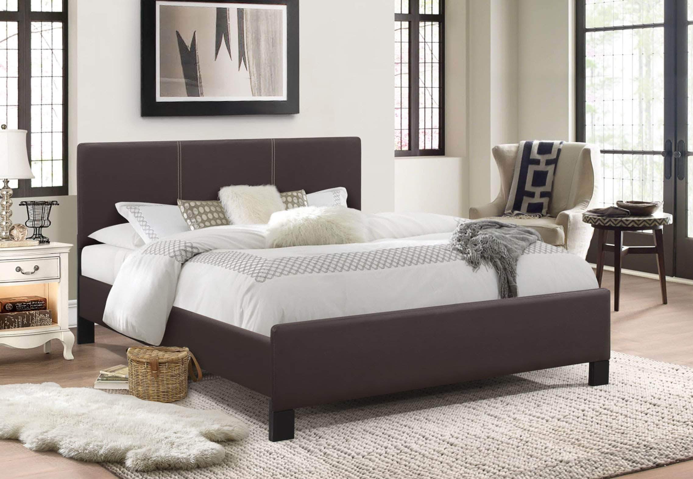 Xander Bonded Leather Platform Bed with Contrast Stitching - Queen Size Modern Upholstered Bed Frame for Bedroom - Perfect for Contemporary, Industrial & Minimalist Home Decor