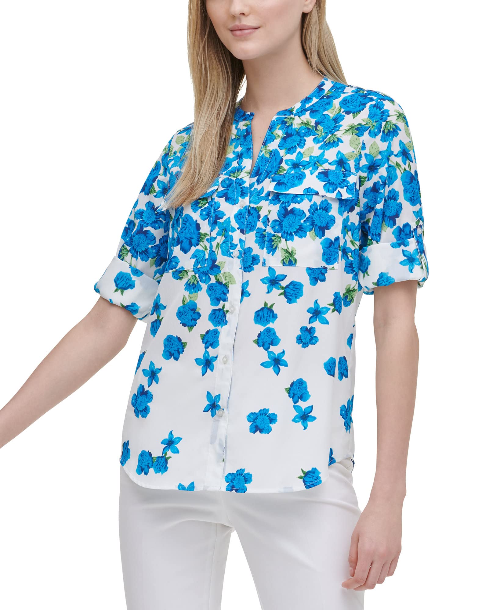 Calvin Klein Women's V-Neck Roll Sleeve Top - Soft Stretch Casual Blouse for Work & Everyday Wear | Perfect for Office, Dating & Weekend Outfits