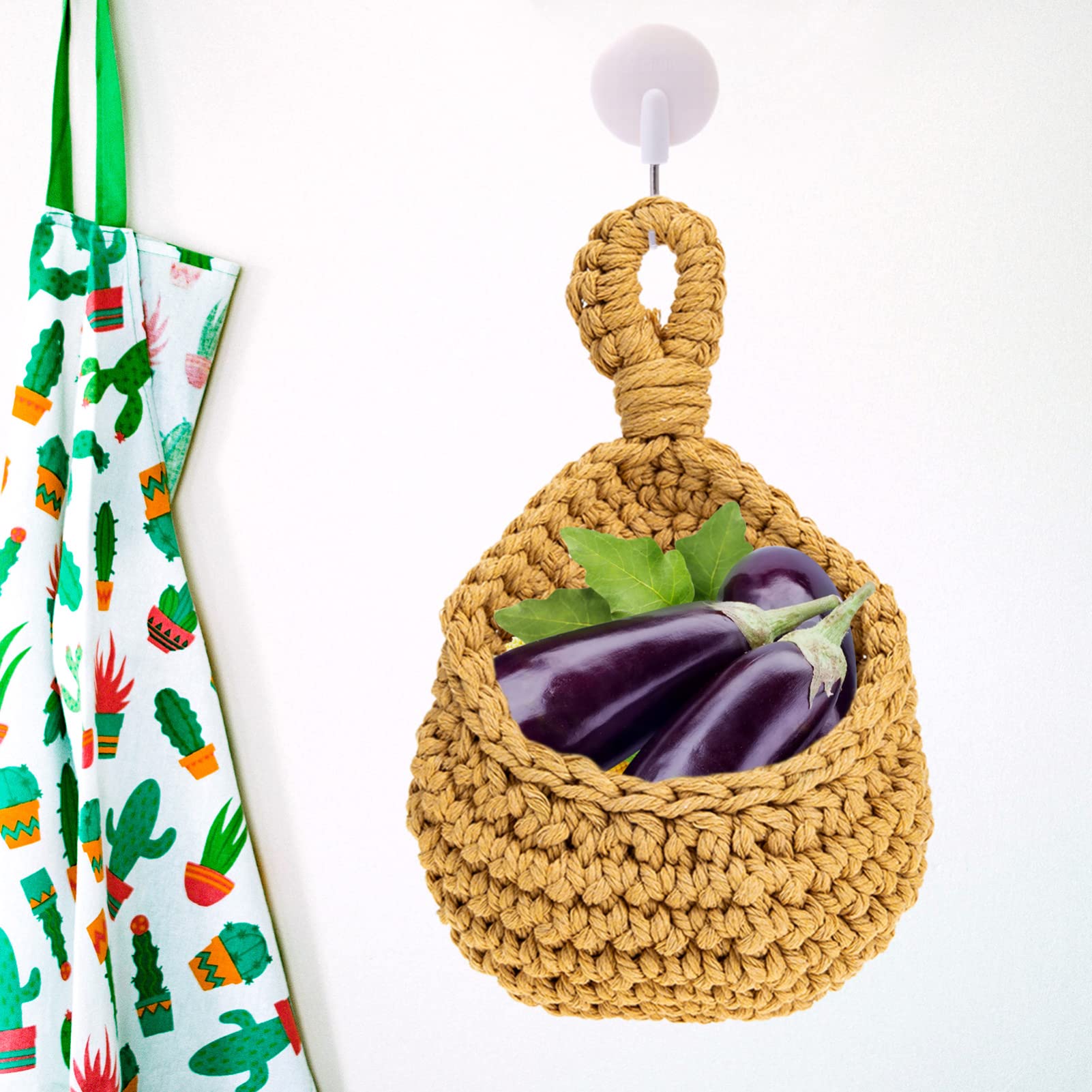 Macrame Wall Hanging Basket - Woven Cotton Rope Plant Hanger for Flowers, Vegetables & Storage | Over The Door Organizer for Kitchen, Bathroom & Home Decor | Eco-Friendly Straw & Rope Household Basket