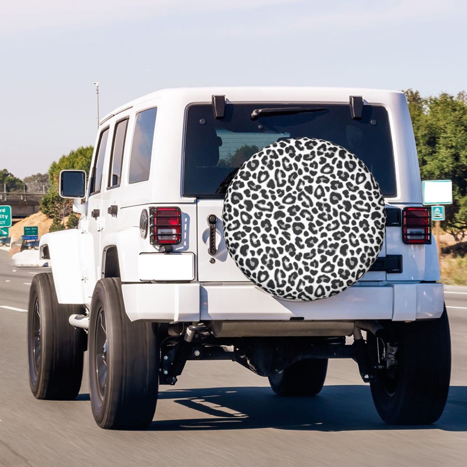 White Leopard Print Spare Tire Cover - 17 Inch Dust-Proof Wheel Protector for Trailer, RV, SUV & More | Waterproof & UV Resistant for Outdoor Adventures & Road Trips