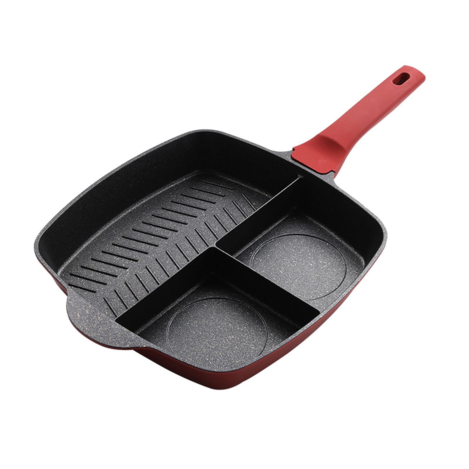 3-in-1 Nonstick Cast Aluminum Breakfast Frying Pan - 28cm Multi-Section Grill Griddle for Eggs, Pancakes & Bacon - Induction Compatible All Cookware (Red) - Perfect for Family Breakfasts, Camping & Quick Meals