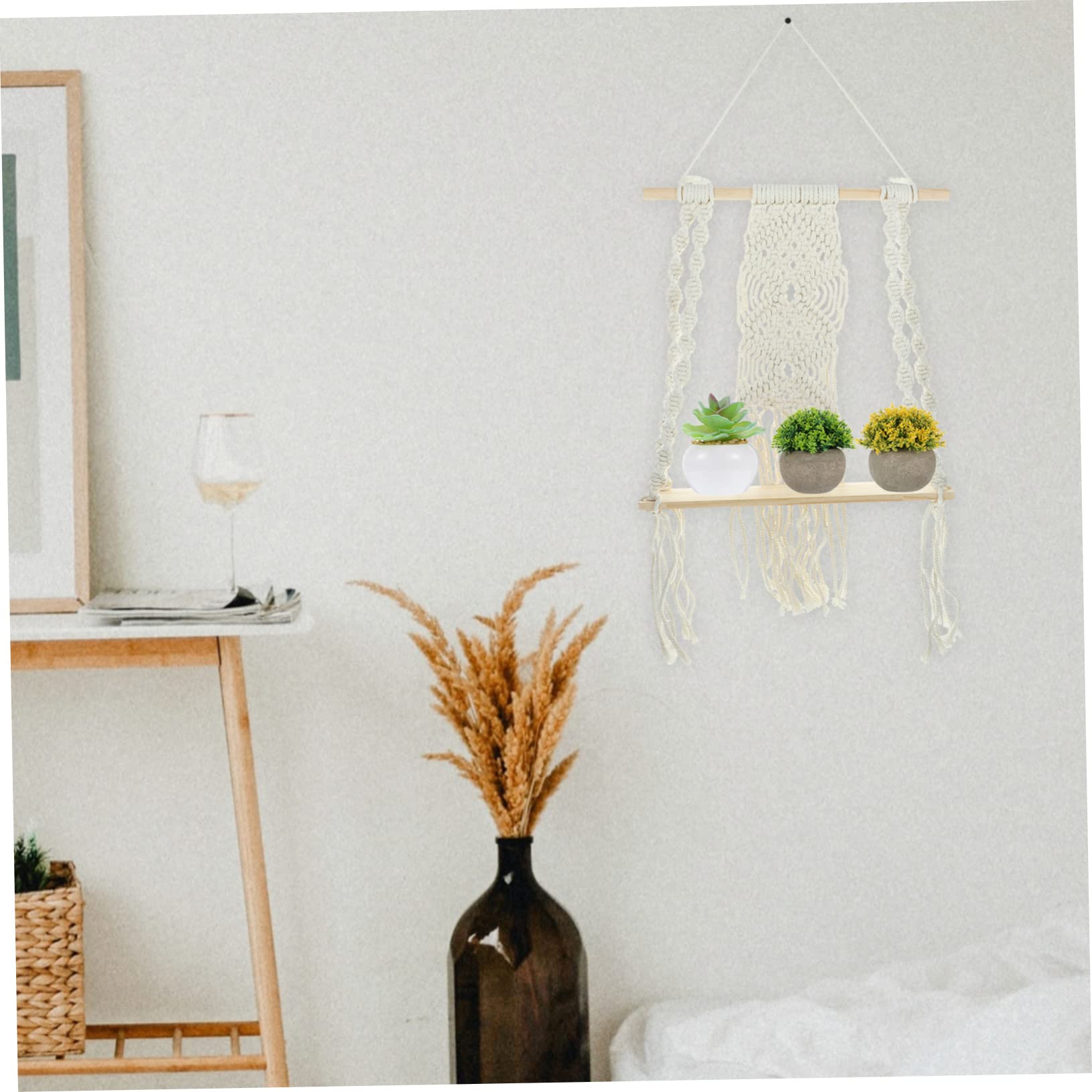KITANDOVE Macrame Wall Shelf - Single Tier Wooden Bathroom Shelf for Plants, Towels & Decor | Perfect for Small Spaces, Farmhouse & Boho Style Homes