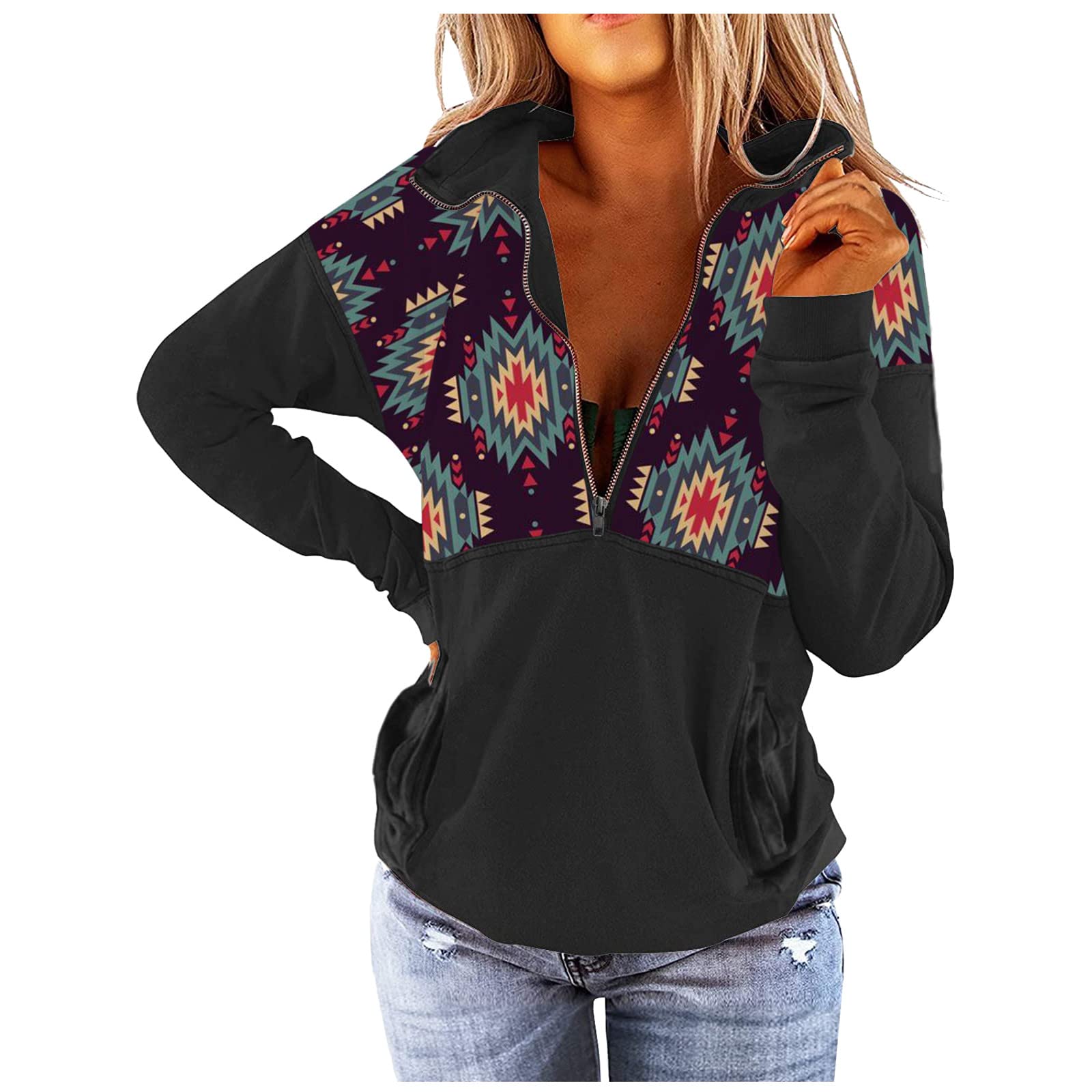 Aztec Print Women's Pullover Sweater - Quarter Zip Western Style Sweatshirt with Pocket & Lapel Design | Long Sleeve Casual Top for Fall Fashion, Outdoor Activities & Boho Chic Outfits