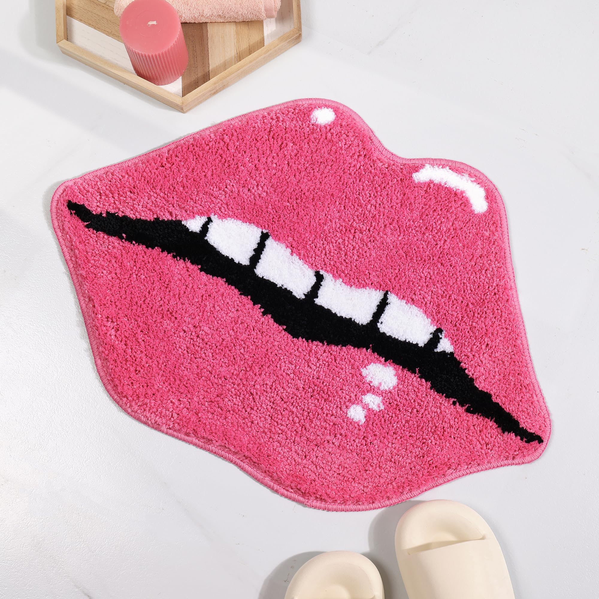 Panstar Pink Non-Slip Lip Shaped Bath Mat - Super Absorbent Plush Bathroom Rug for Shower & Bathtub - Cute Lips Design Home Decor for Girls & Women (Perfect for Bathroom, Bedroom, Dorm)