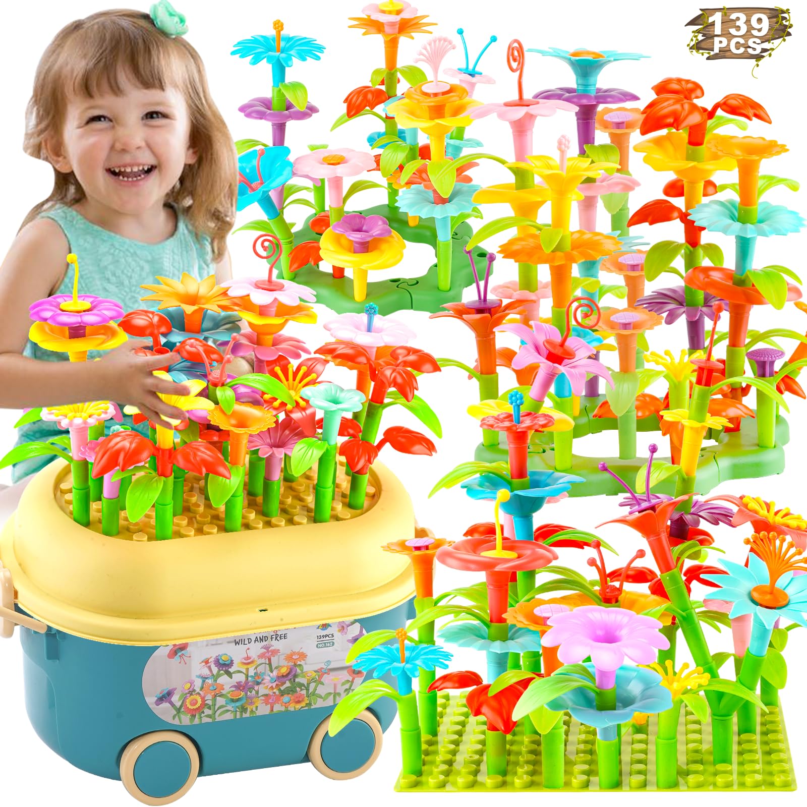 Eaciilee Flower Garden Building Blocks Toy Set - 139 PCS STEM Educational Stacking Toys with Storage Box for Toddlers Age 3-6, Perfect Preschool Learning Activity & Birthday Gift for Girls | Creative Garden Play for Indoor & Outdoor Fun