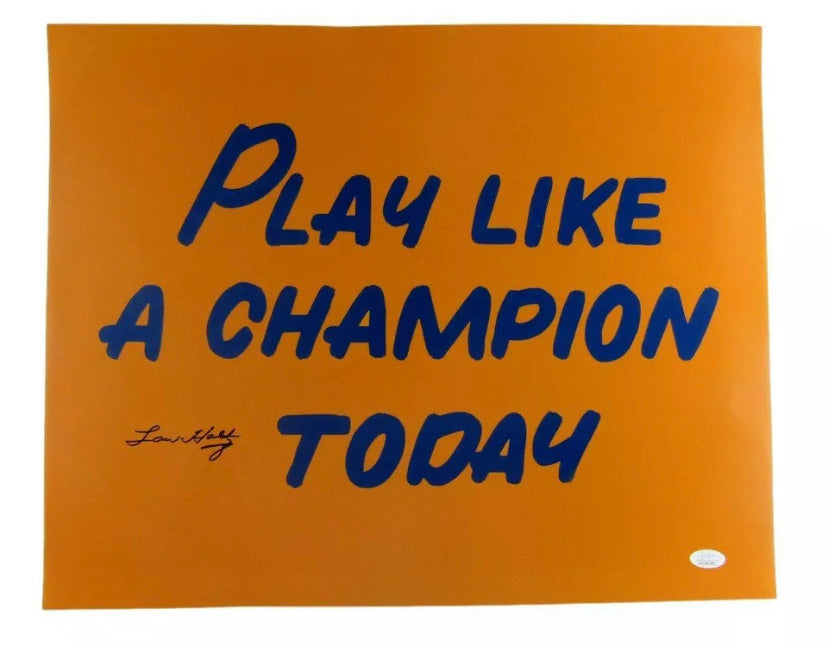 Lou Holtz Autographed 16x20 Play Like A Champion Today Football Photo - Perfect for Sports Memorabilia Collections & Man Cave Decor