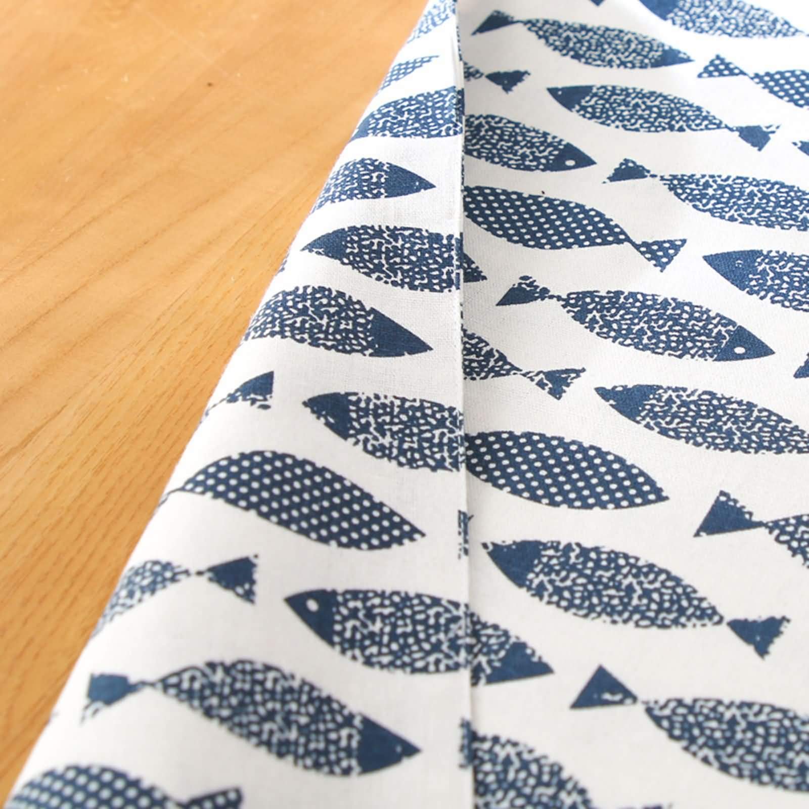 Navy Blue Cotton Table Runner with Salmon Fish Pattern - 13