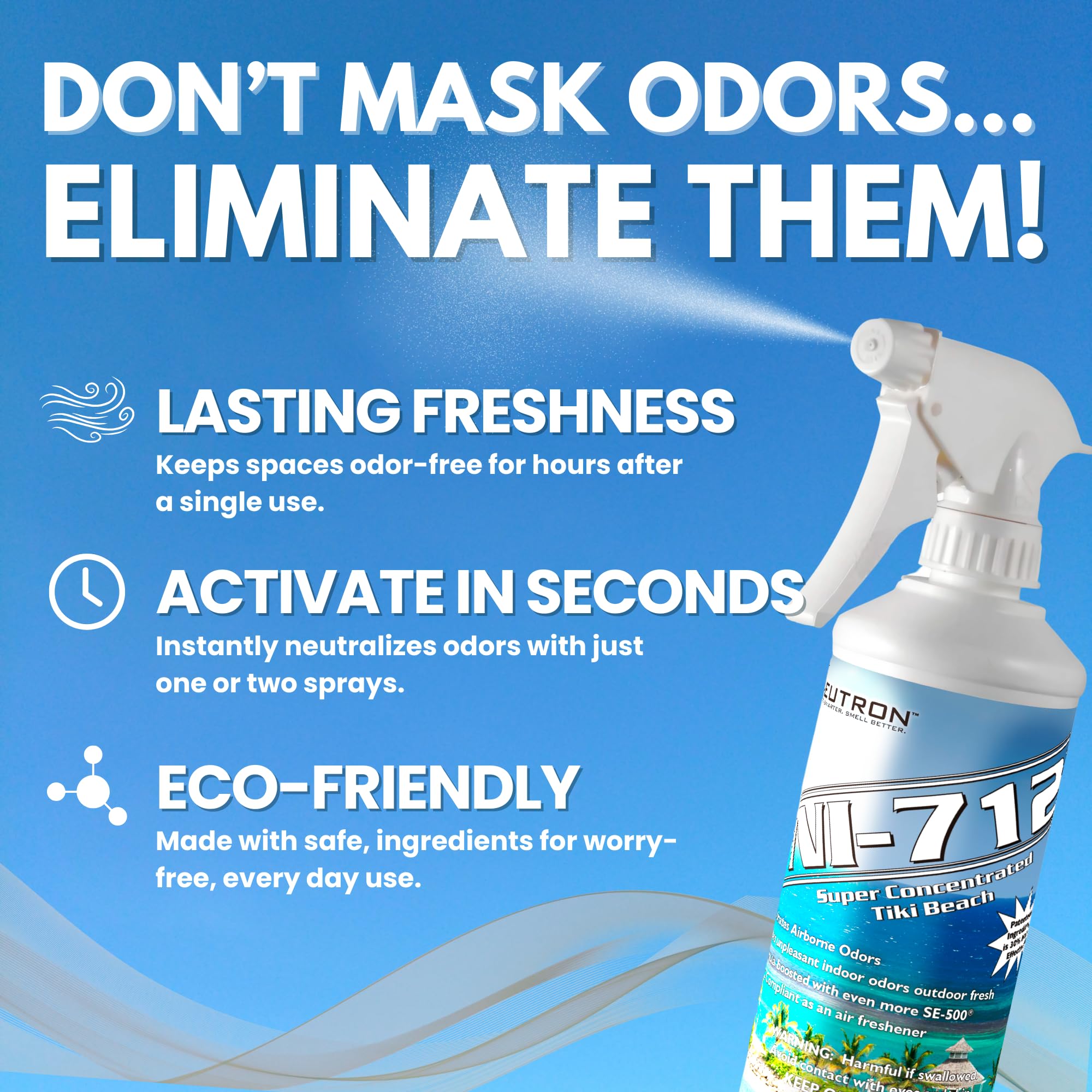 Neutron Industries NI-712 Tiki Beach Odor Eliminator Spray - 4 Pack (16 oz Each) | Powerful Long-Lasting Odor Neutralizer for Home, Car, Pet Areas & Bathroom | Instant Air Freshener with Tropical Scent | Eliminates Smoke, Cooking & Musty Odors