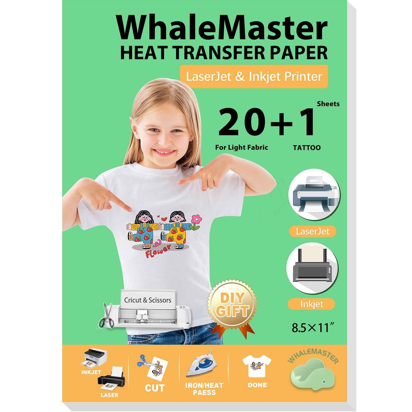 Iron-On Heat Transfer Paper for Light Fabric - 20 Sheets, 8.5