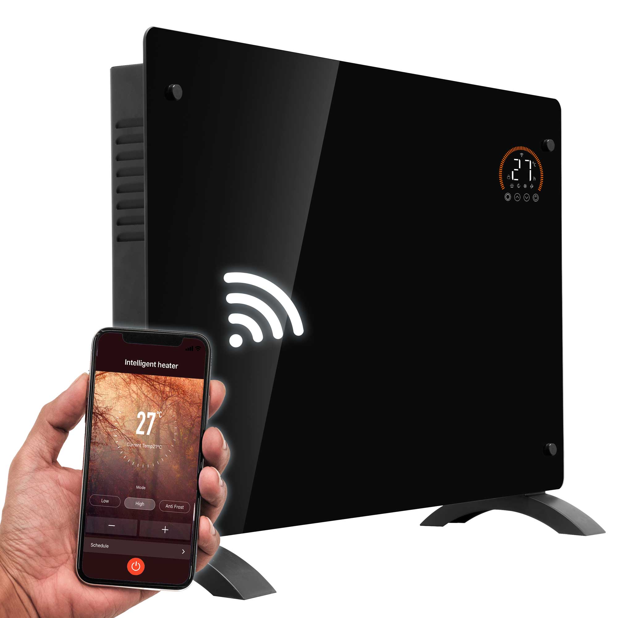 Baridi 2000W Smart WiFi Electric Glass Panel Heater with 24/7 Timer & Remote Control - Black DH139 - Perfect for Bedroom, Office & Home Heating