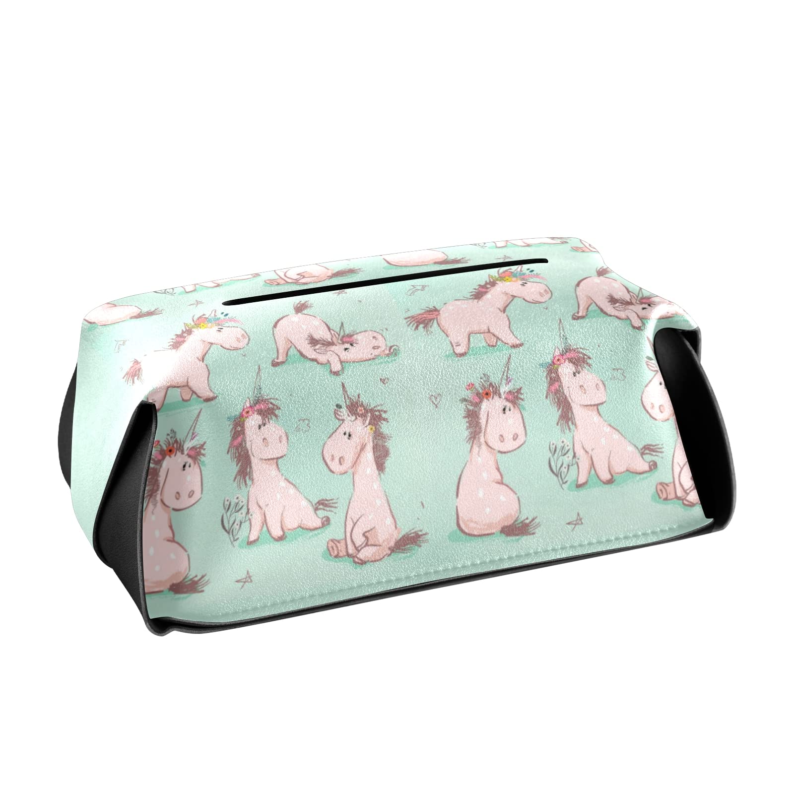 Seamless Cute Cartoon Pink Unicorn Tissue Box Cover – Turquoise Square Leather with Handle for Bathroom, Home, Office & Car (9.4x5.1x3.6 in) – Perfect for Nightstands, Vanity Countertops & Desk Decor