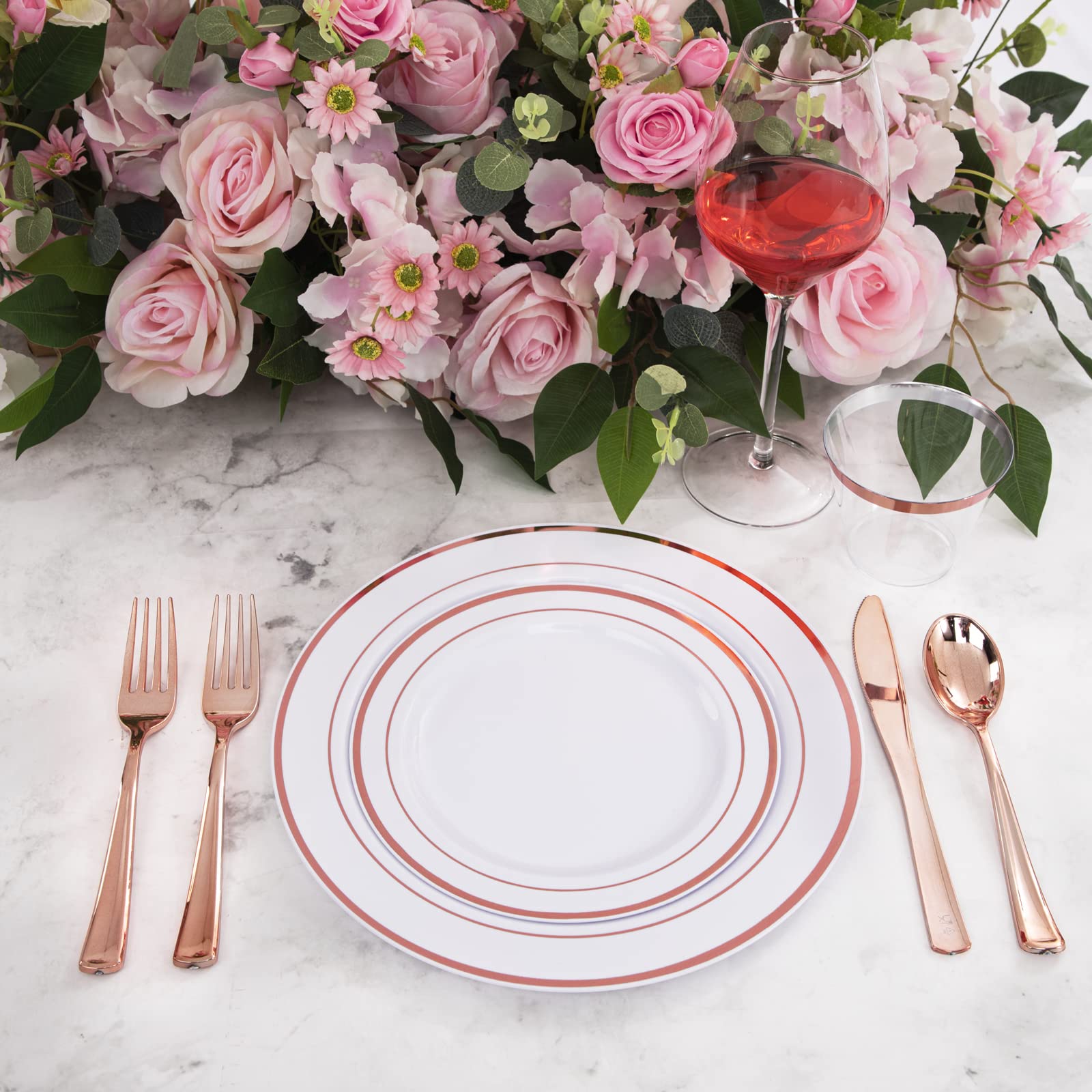 WELLIFE 350-Piece Rose Gold Plastic Dinnerware Set - 50 Disposable Plates, Forks, Knives, Spoons & Cups with 50 Pre-Rolled Napkins - Elegant Wedding, Bridal Shower, Birthday Party & Event Tableware for 50 Guests