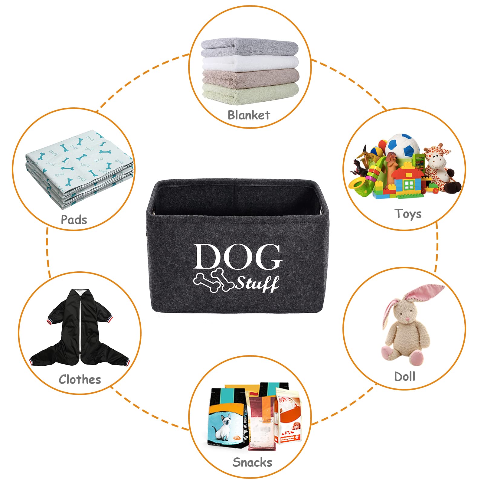 Durable Felt Pet Toy Storage Basket with Metal Bone-Shaped Handle - Large Dog Toy Organizer for Toys, Blankets, Leashes - Perfect for Living Room, Bedroom & Pet Play Area (Dark Grey)