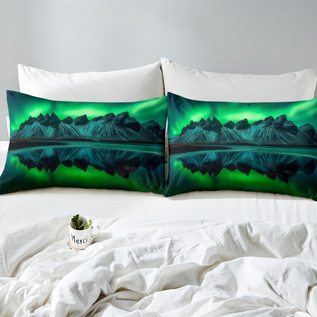 Northern Lights Bed Sheet Set for Kids & Youth - Queen Size Green Fitted Sheet with Mountain & Ocean Lake Scenery - Natural Landscape Bedroom Decor for Cozy & Relaxing Sleep