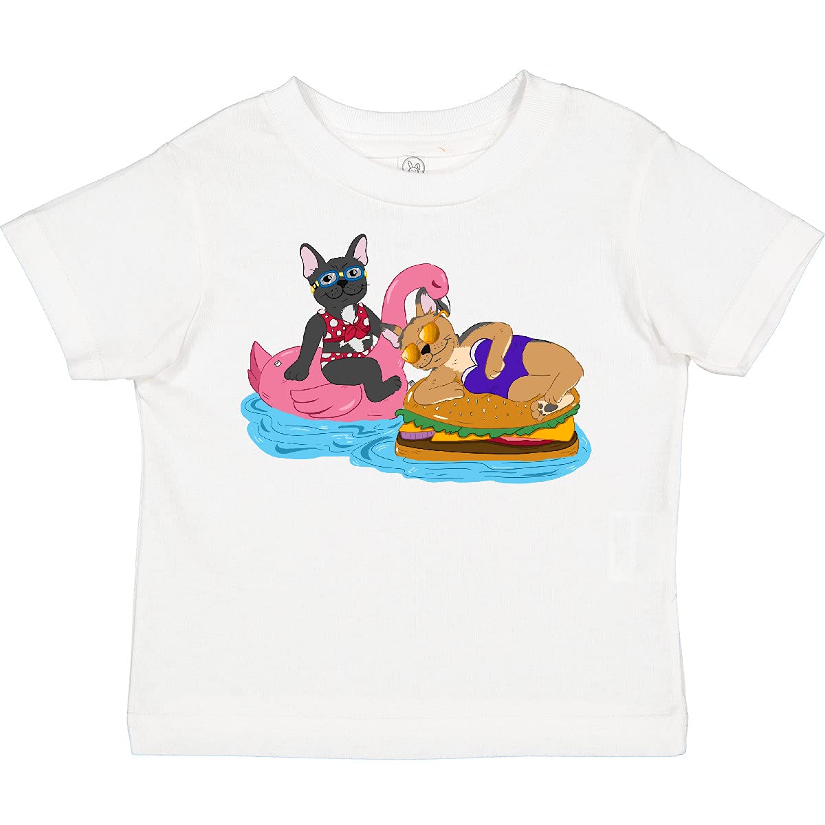 Cute French Bulldogs on Pool Floaties Toddler T-Shirt | Soft Cotton Kids Tee | Summer Beach Outfit for Boys & Girls