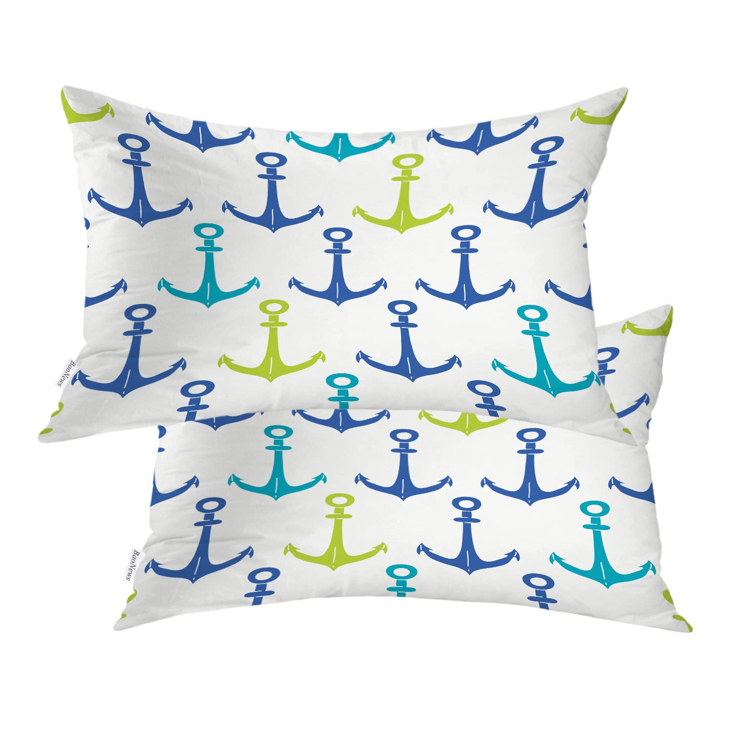 Nautical Decorative Pillow Covers 12x20 Inch - Blue & Green Seamless Pattern Cotton Lumbar Cushion Cases for Sofa, Bed, Boat & Coastal Home Decor