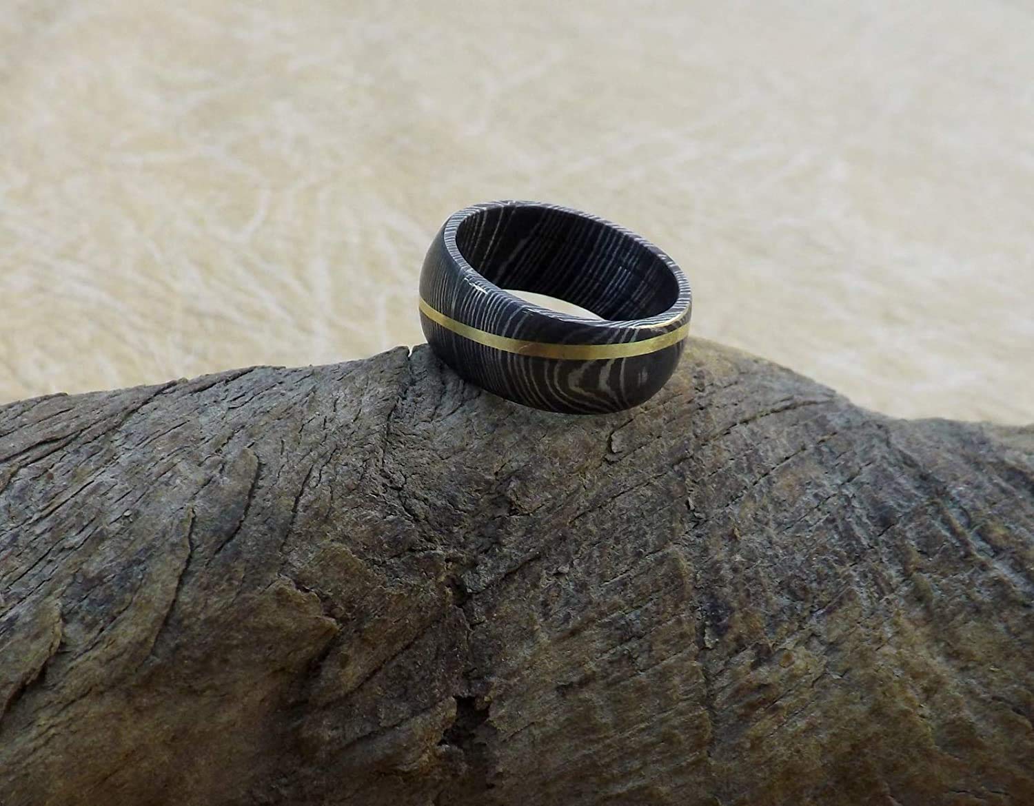 Handmade Damascus Steel Ring with Brass Inlay - Custom Engraved Anniversary, Wedding, and Father's Day Band (KE-234-AT) - Perfect for Gifts, Proposals & Special Occasions