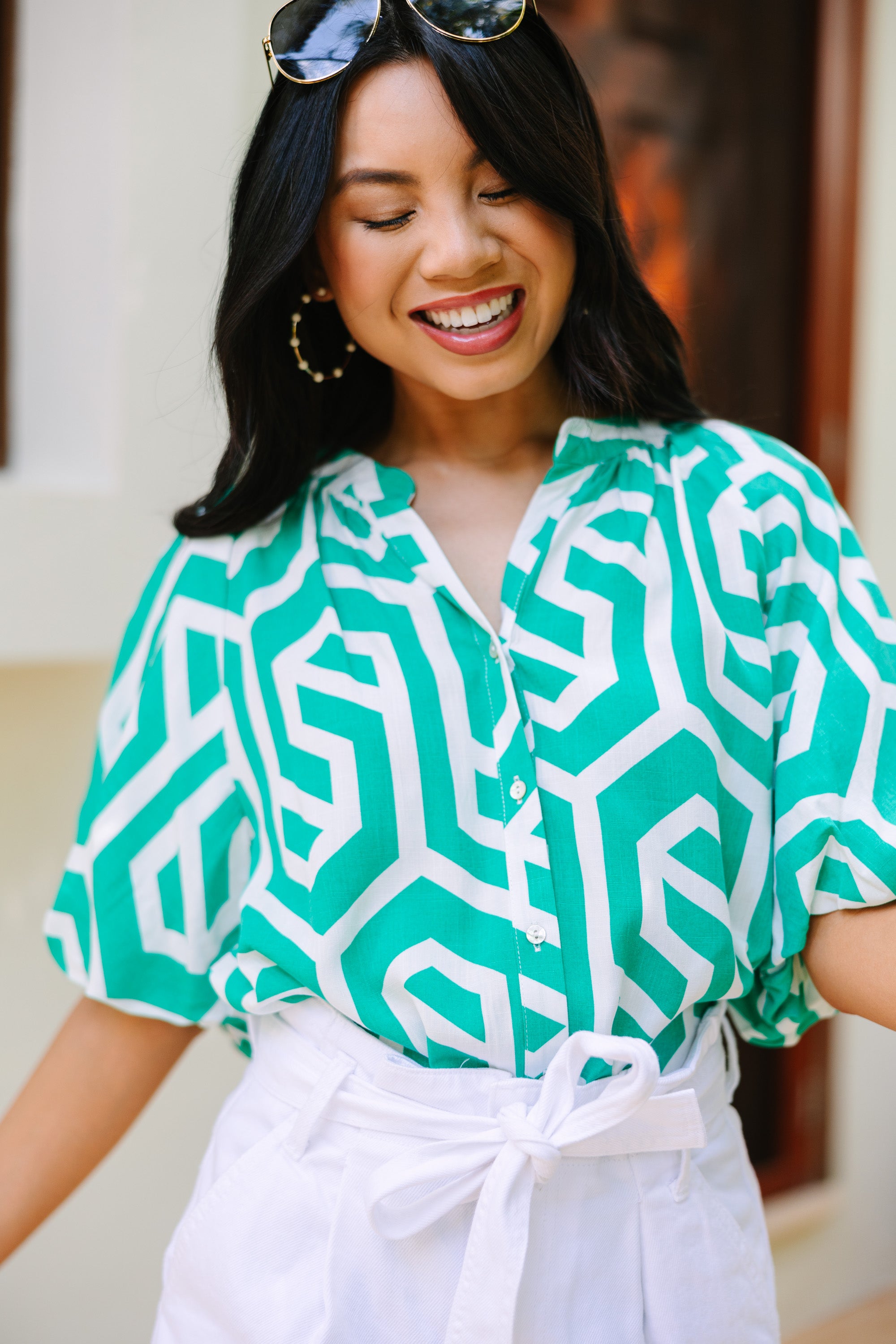 Stylish Green Abstract Blouse for Women - Trendy Long Sleeve Casual Top for Office, Date Night & Everyday Wear