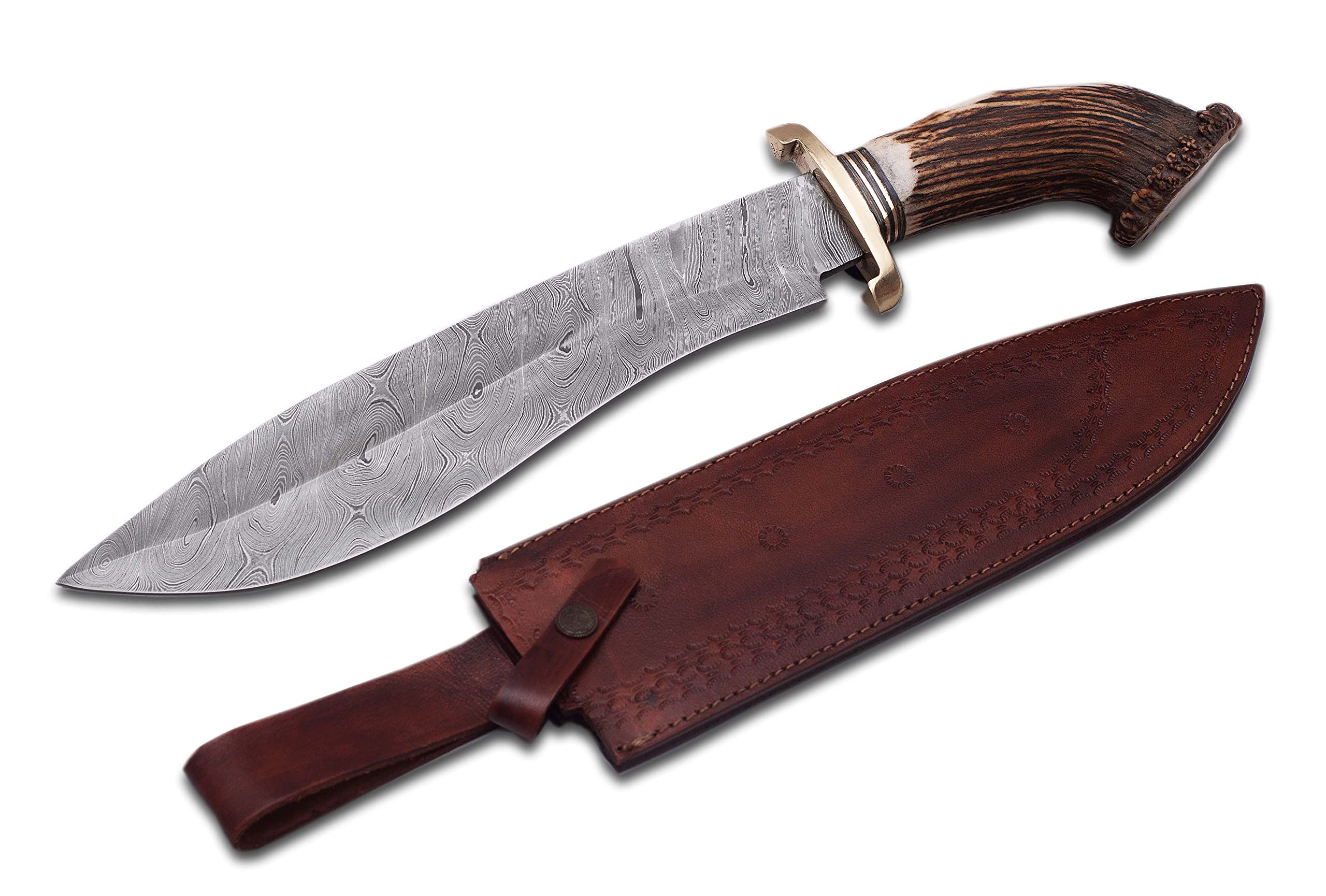 Premium Damascus Steel Survival Knife - Handcrafted Hunting Knife with Stag Antler Handle - Perfect for Outdoor Adventures, Camping & Bushcraft Survival Gear