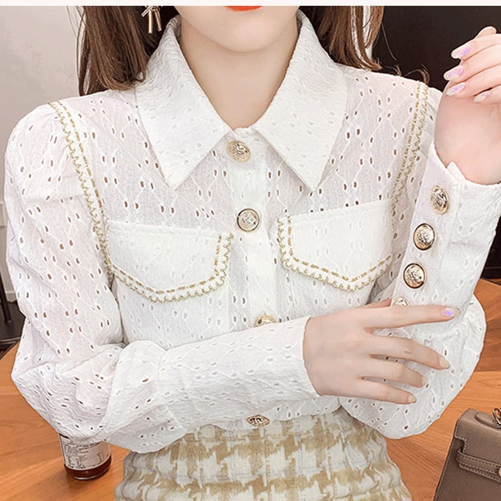 Elegant Spring Hollow Out Lace Long Sleeve Blouse for Women - White Casual Button Up Shirt (XL) | Perfect for Office Wear, Date Nights & Spring Outfits