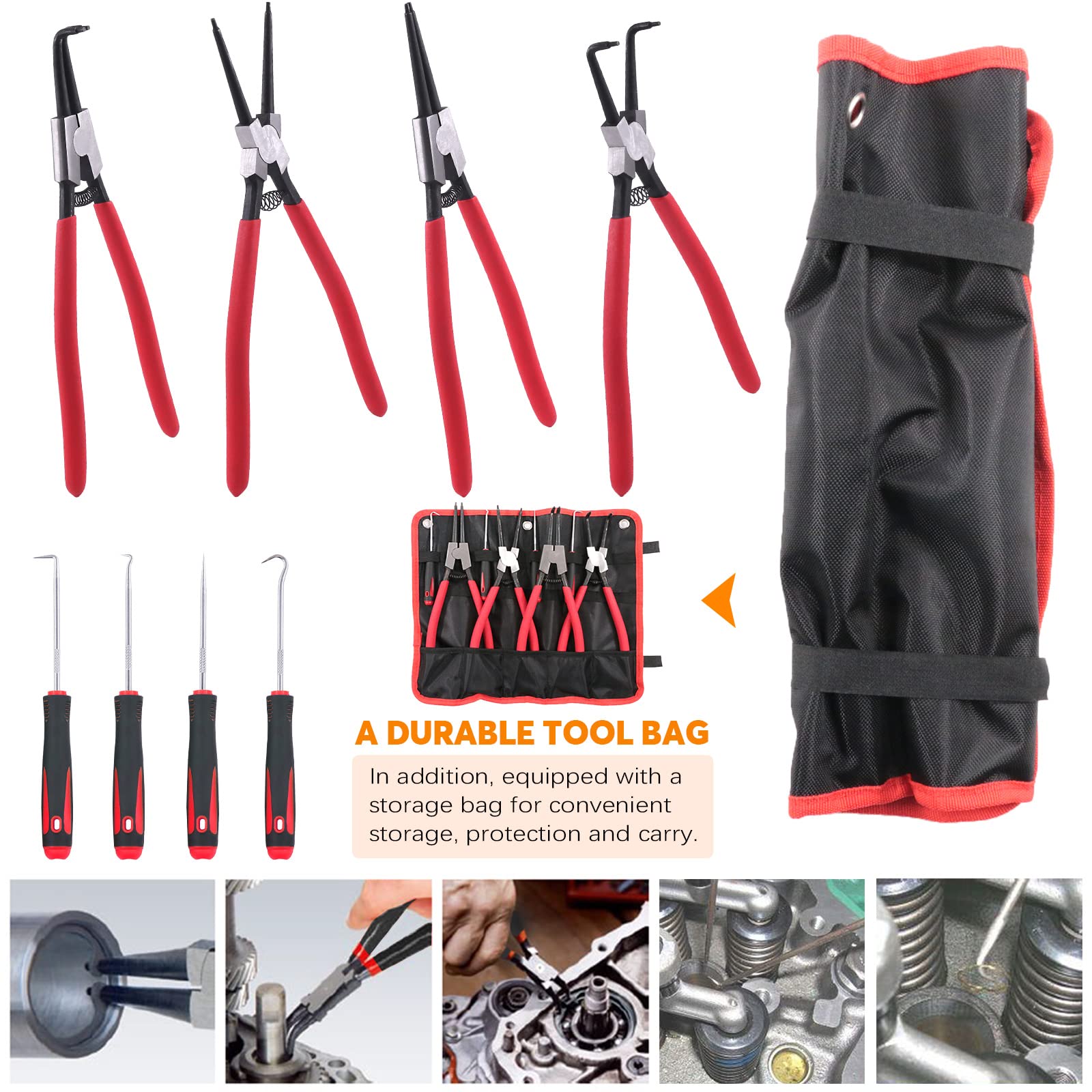 8Pcs Heavy Duty Snap Ring Pliers Set - 13 Inch Internal & External Circlip Pliers with Straight/Bent Jaws for Automotive, Machinery & DIY Repairs - Professional Retaining Ring Removal Tool Kit for Mechanics and Home Use