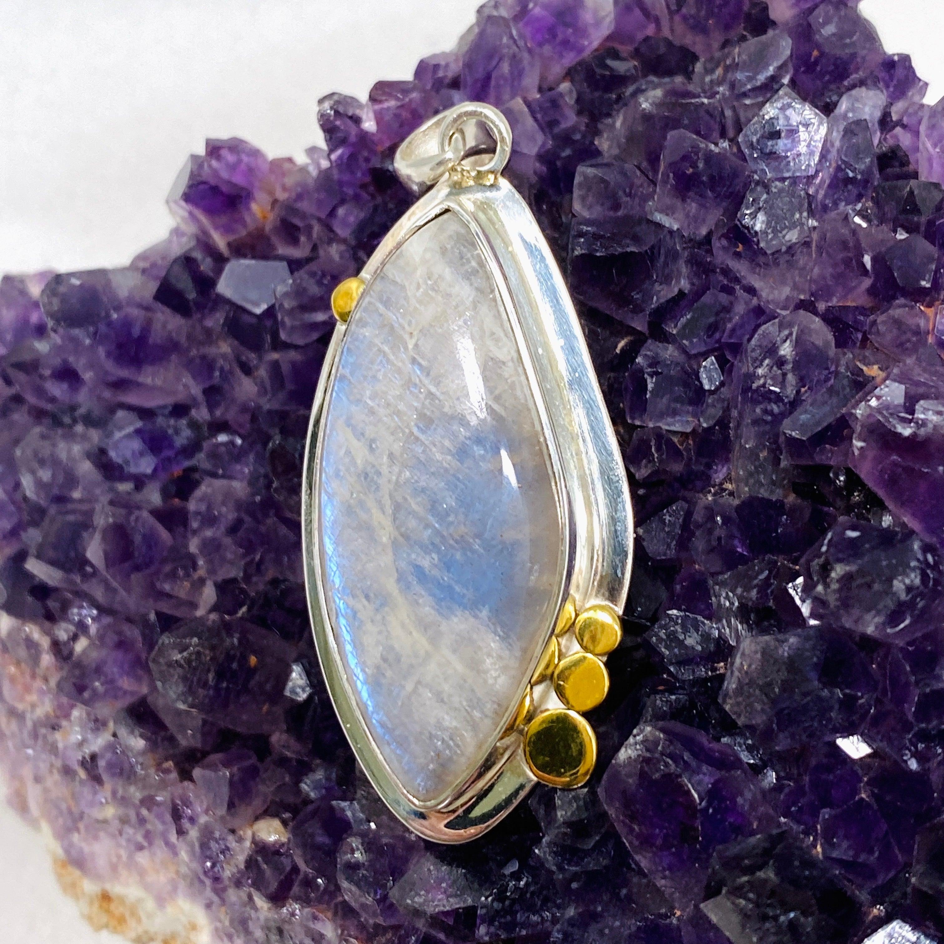 Belomorite (Sunstone with Moonstone Eclipse Stone) Freeform Pendant with Brass Accents KPGJ4235 - Handmade Jewelry for Spiritual Healing & Energy Balancing