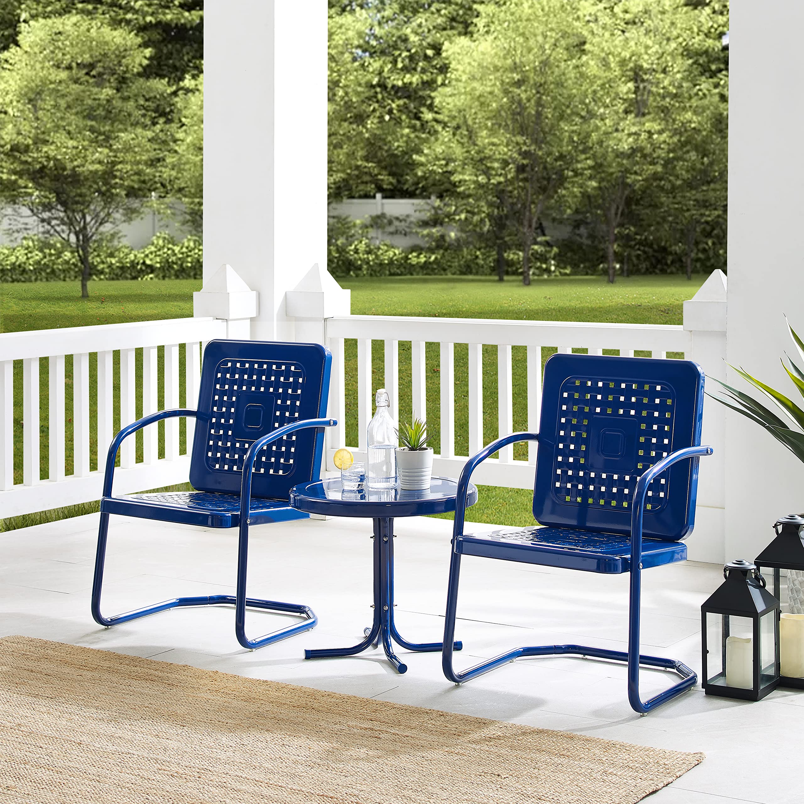 Crosley Furniture Bates 3-Piece Outdoor Bistro Set - Retro Metal Patio Chairs with Side Table in Navy Gloss Finish - Perfect for Garden, Balcony, and Backyard Relaxation