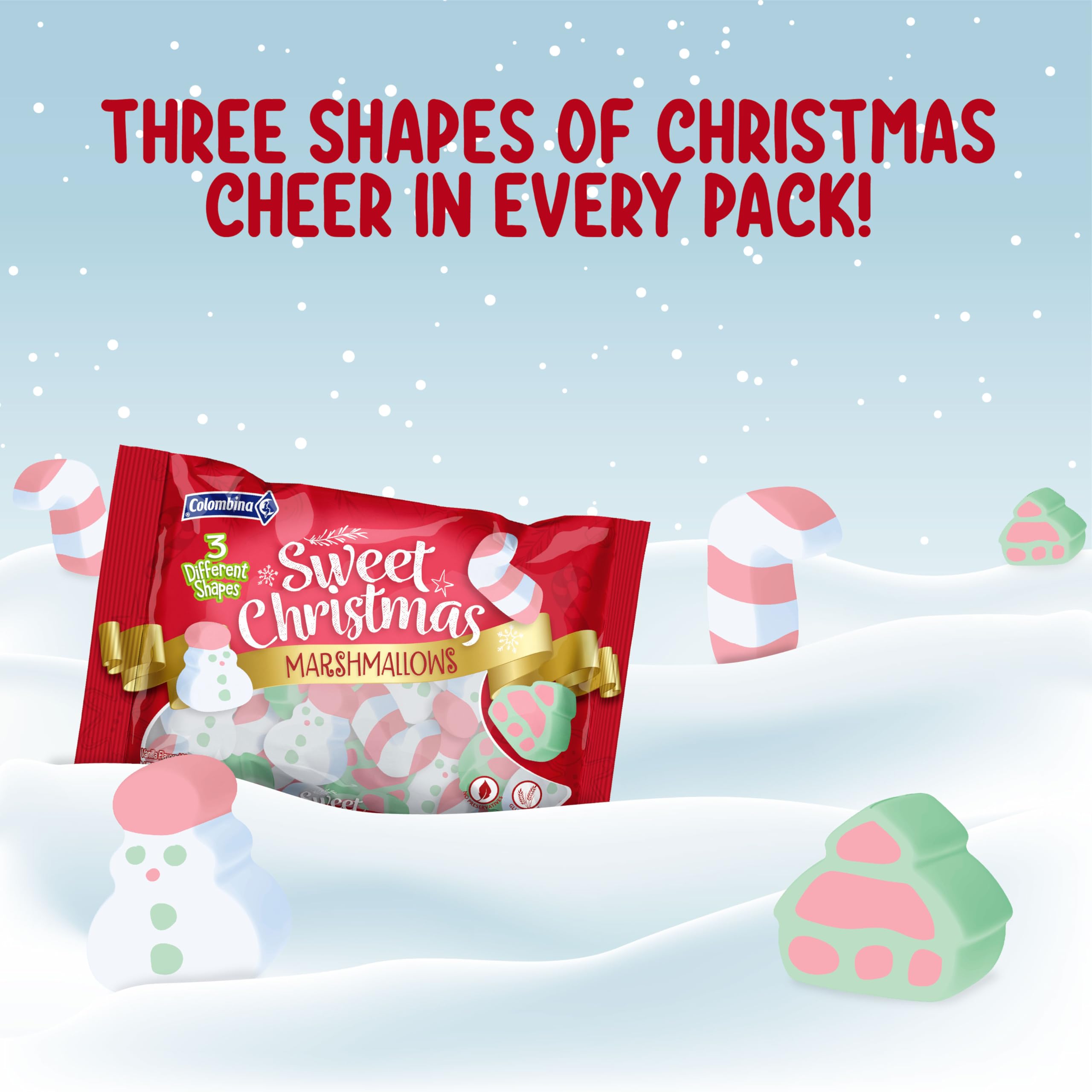 Colombina Sweet Christmas Marshmallows - Soft Vanilla Bean Holiday Treats in Festive Shapes (Trees, Candy Canes & Santas) - 5.1oz Pack - Perfect for Stocking Stuffers, Gift Baskets & Hot Cocoa Toppings